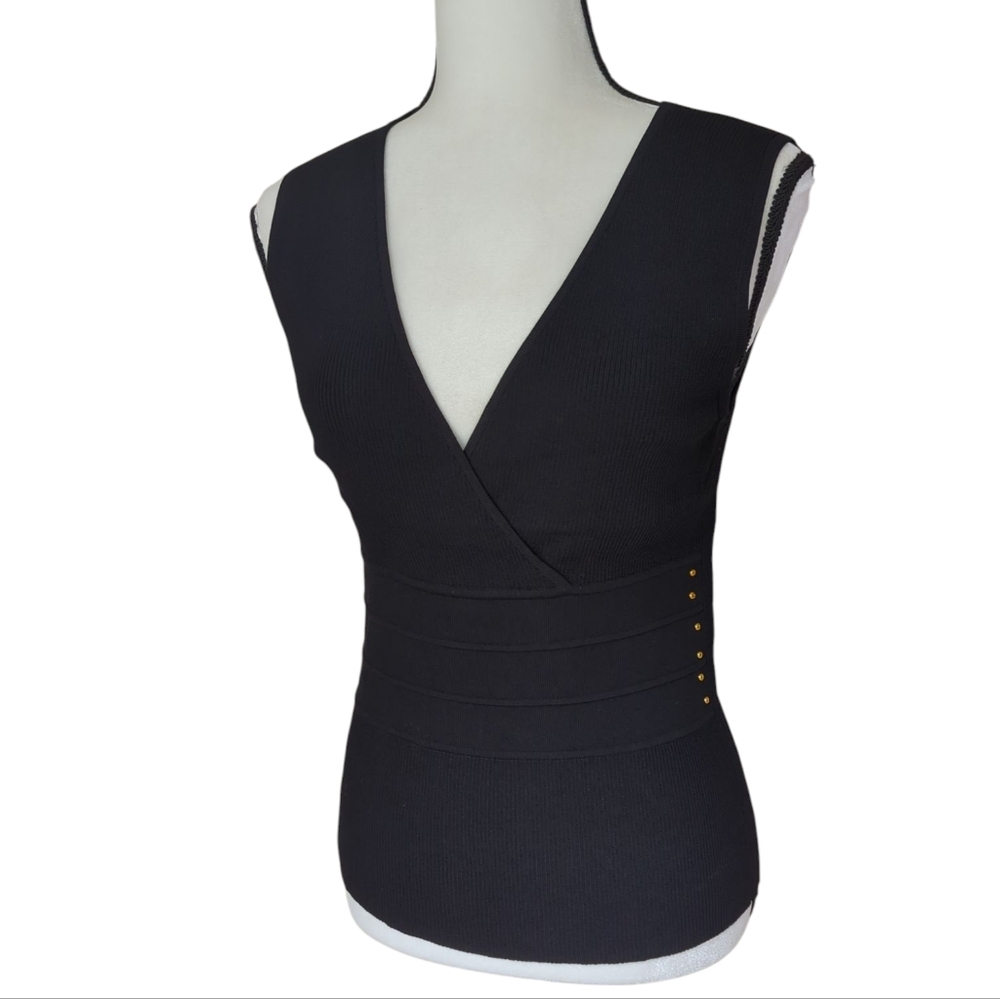 Evie Ribbed Knit Wrap Style Tank Top Embellished MEDIUM Black